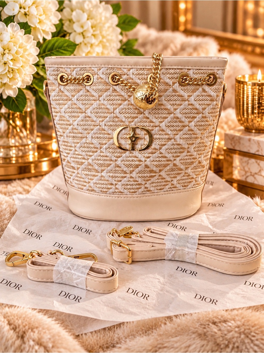 Cream Quilted Chain-Accent Bucket Bag